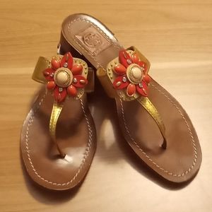 Tory Burch "Maura" Gold Leather Thong Sandals with Beaded Flower in Size 8M